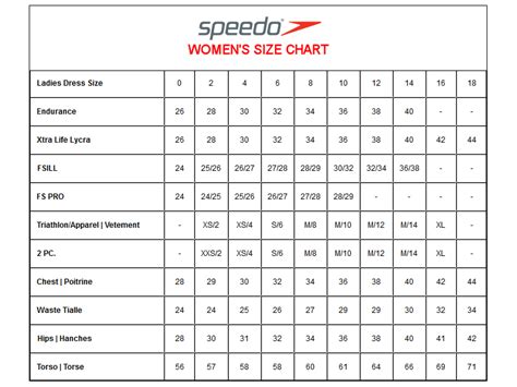 speedo size chart for women.